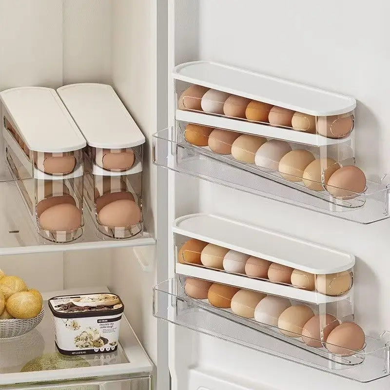 Bilayer Fridge Egg Storage Box Automatic Rolling Eggs Holder Rack Ladder Style Refrigerator Eggs Dispenser Egg Organizer Holder