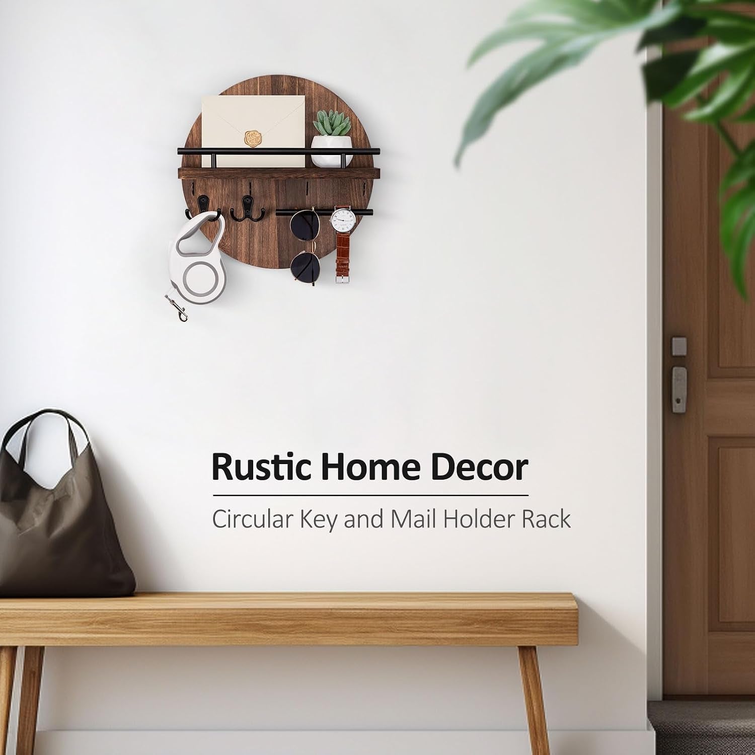 Key Holder for Wall Set, 9.8 Inch Circular Key Holder (Brown) and 11.8 Inch Key Holder for Wall (Brown)