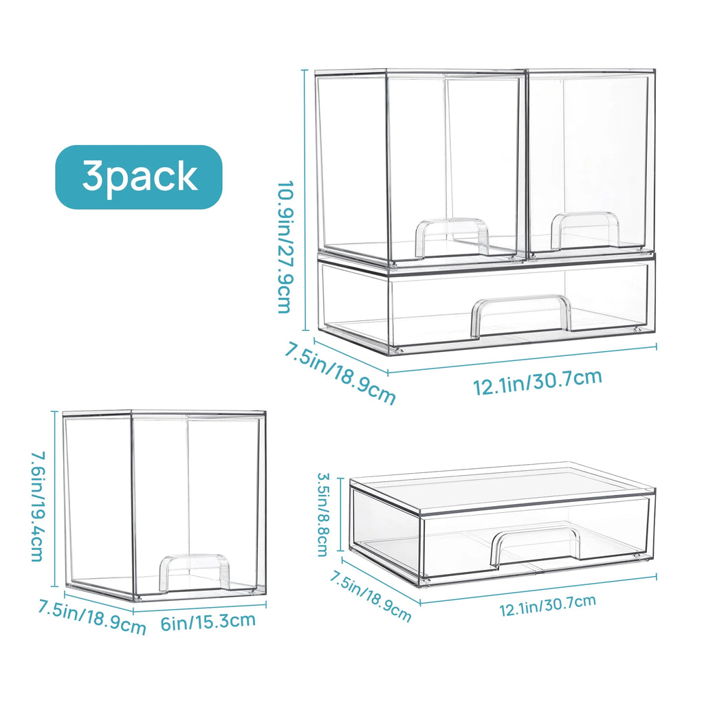 Stackable Storage Drawers Set of 3,Clear Plastic Organizer Bins for Makeup, Cosmetics, Beauty Supplies