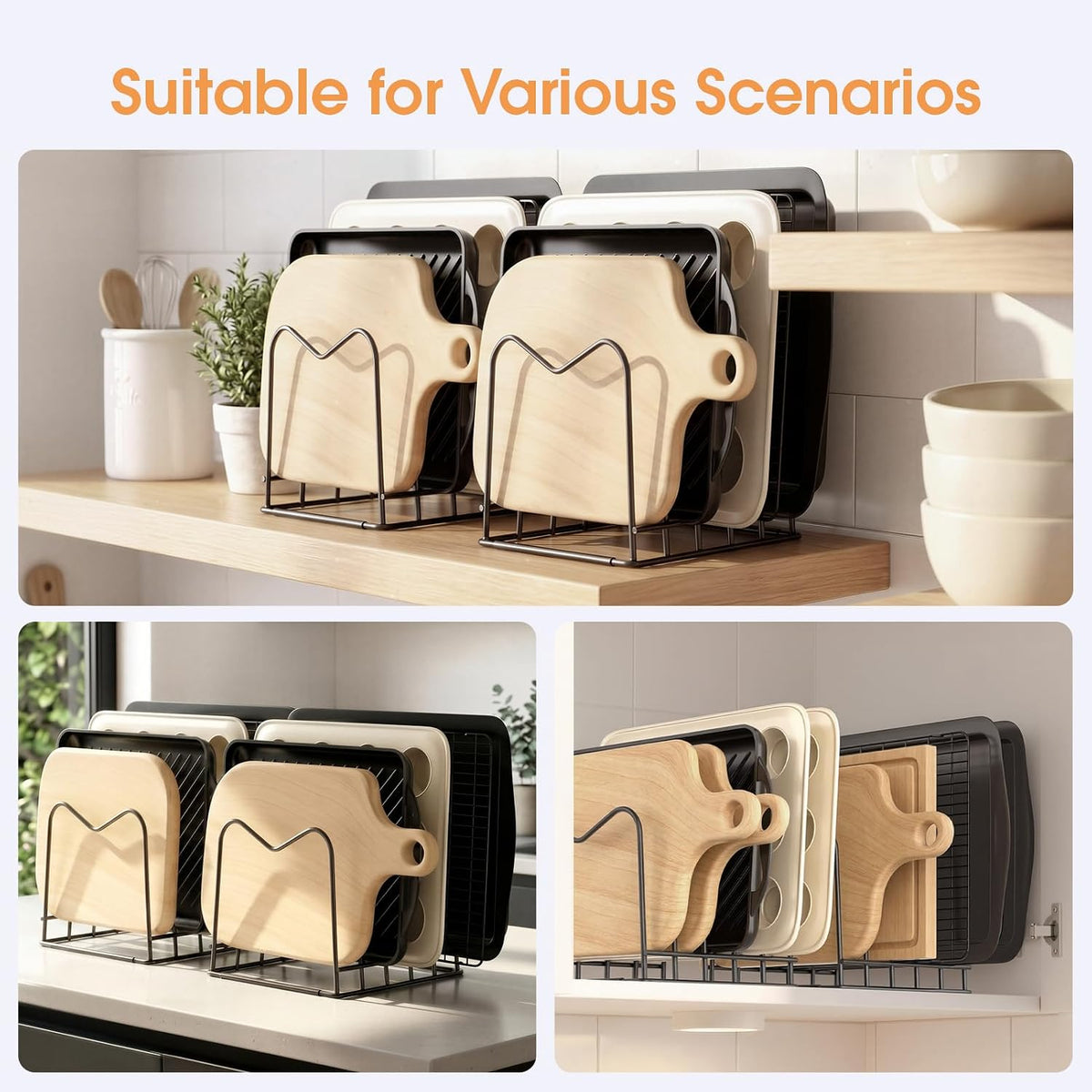 2 PC 5Mm Wire Cutting Board Organizer Holder Stand for Cabinet | Full Silicone Strip, No Slipping or Scratches, 1.2" Slot Spacing, Holds Cutting Boards, Sheet Pans, Skillets inside Cabinet