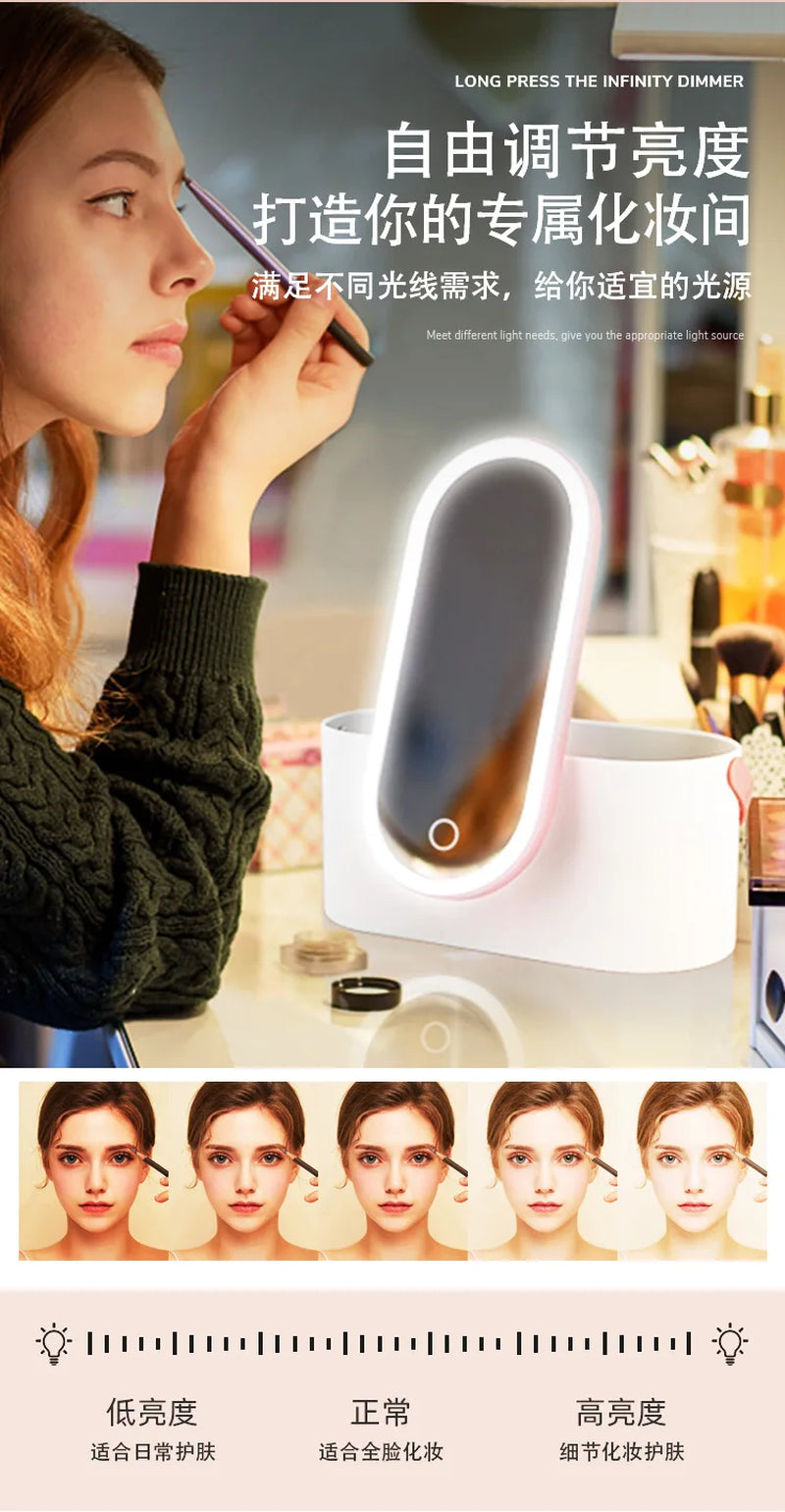 Rechargeable LED Makeup Mirror with Storage Box Portable Folding Rotating Desktop Vanity Mirror for Women Beauty