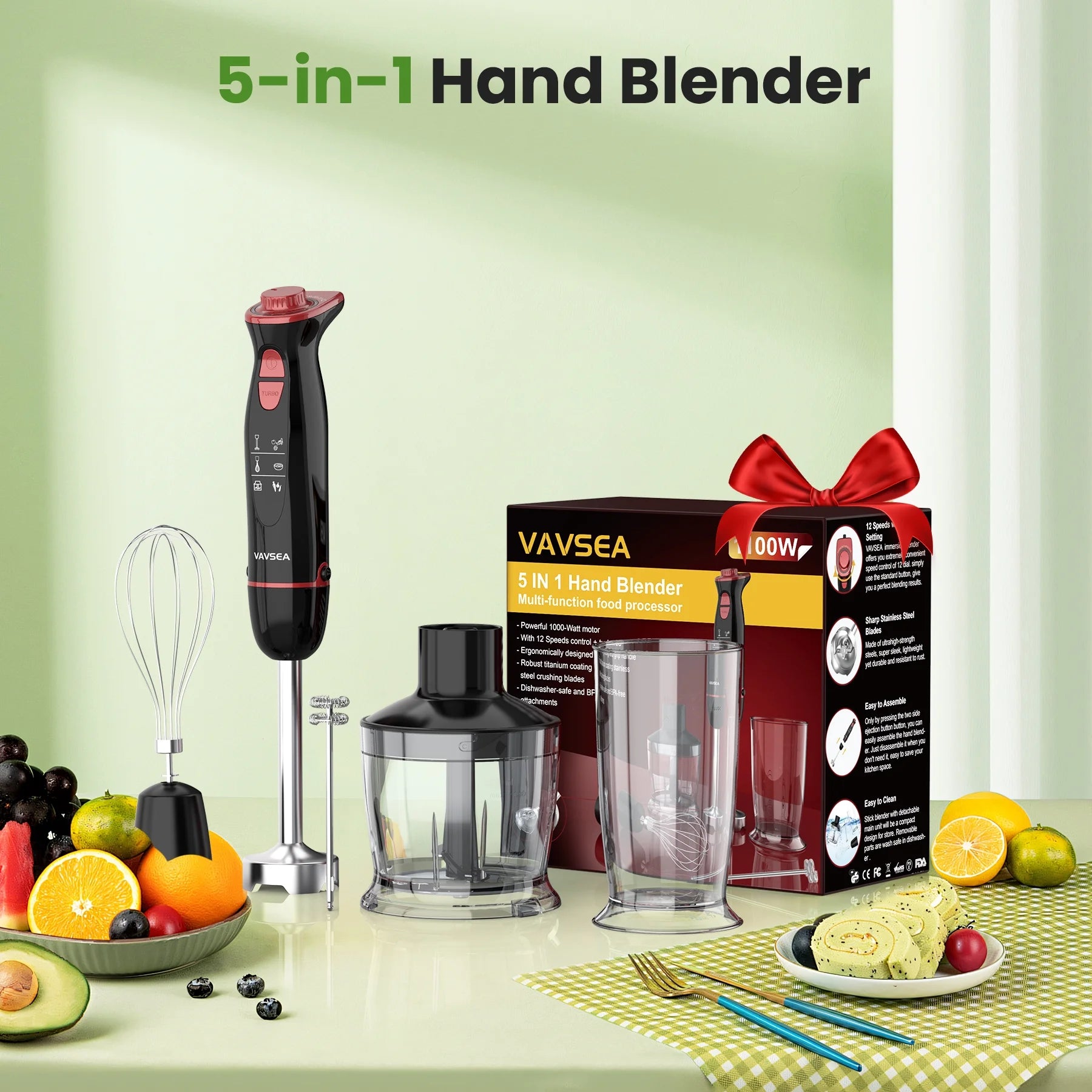 Immersion Blender, 1100W 5-In-1 Hand Blender, 24-Speed Handheld Stick Blender for Kitchen, Chopper, Beaker, Whisk, Milk Frother, for Baby Food Processor/Smoothies, New