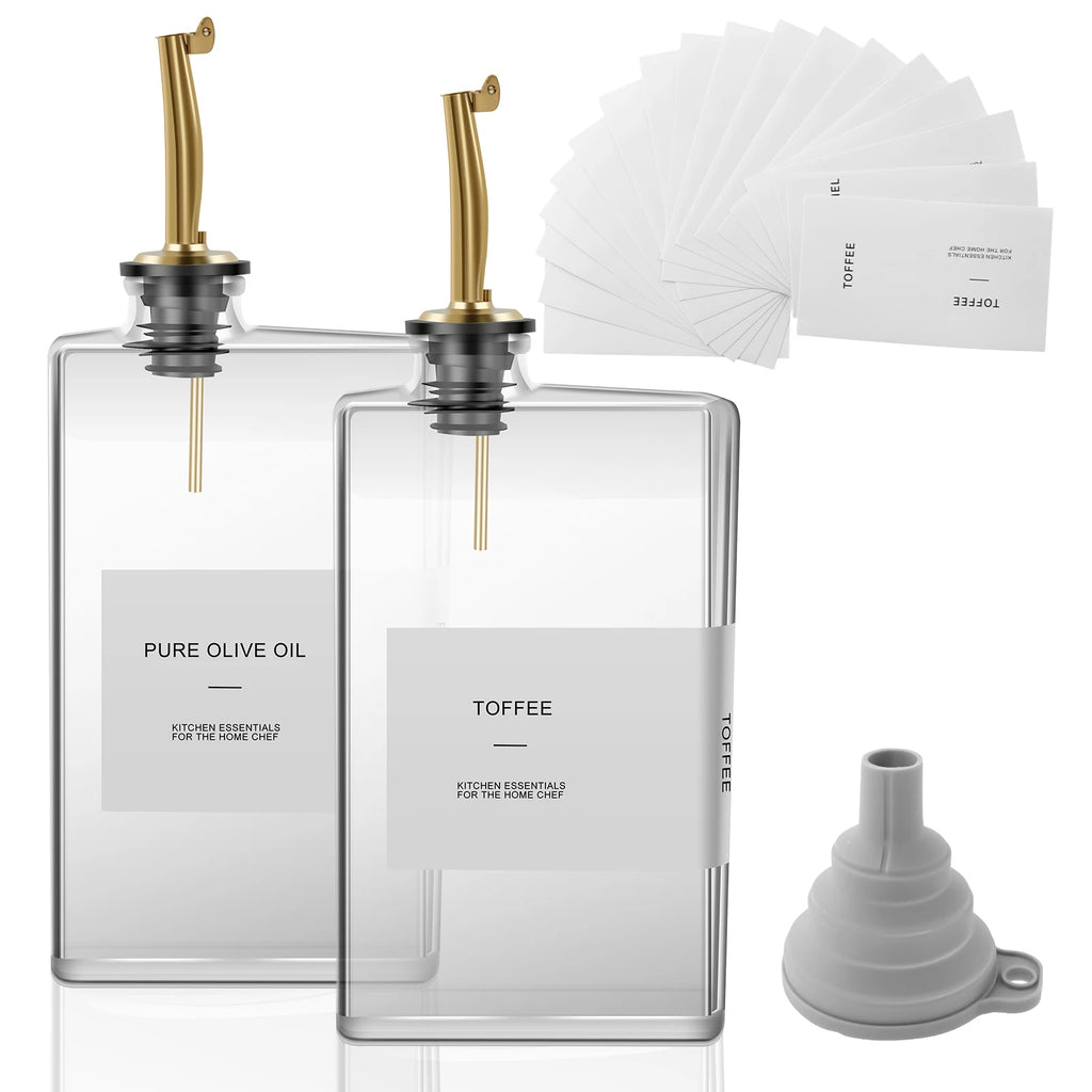 2Pcs 500Ml Olive Oil Dispenser Bottle Glass Oil Dispenser Rectangular Cooking Dispenser Transparent Olive Oil Bottle with Labels