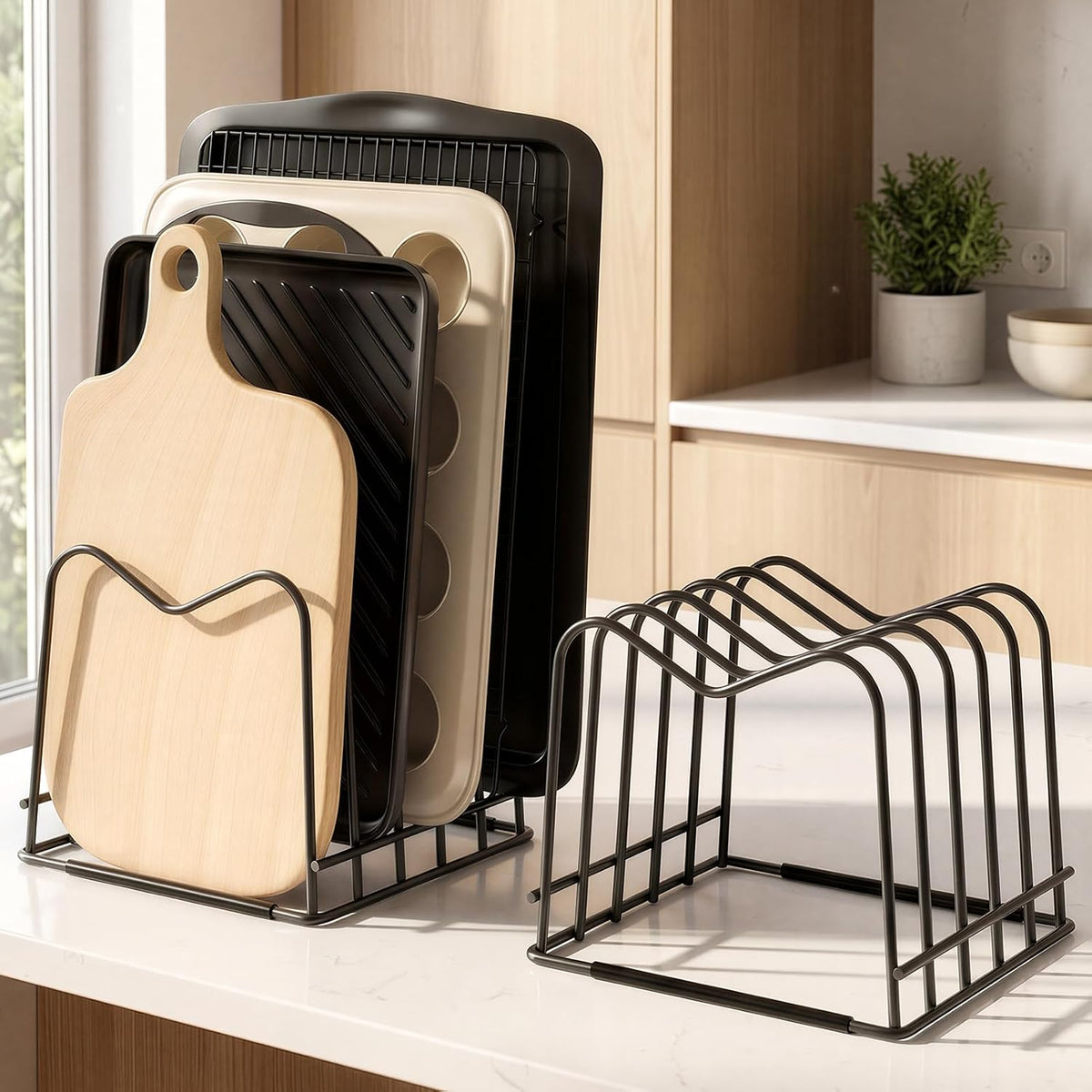 2 PC 5Mm Wire Cutting Board Organizer Holder Stand for Cabinet | Full Silicone Strip, No Slipping or Scratches, 1.2" Slot Spacing, Holds Cutting Boards, Sheet Pans, Skillets inside Cabinet
