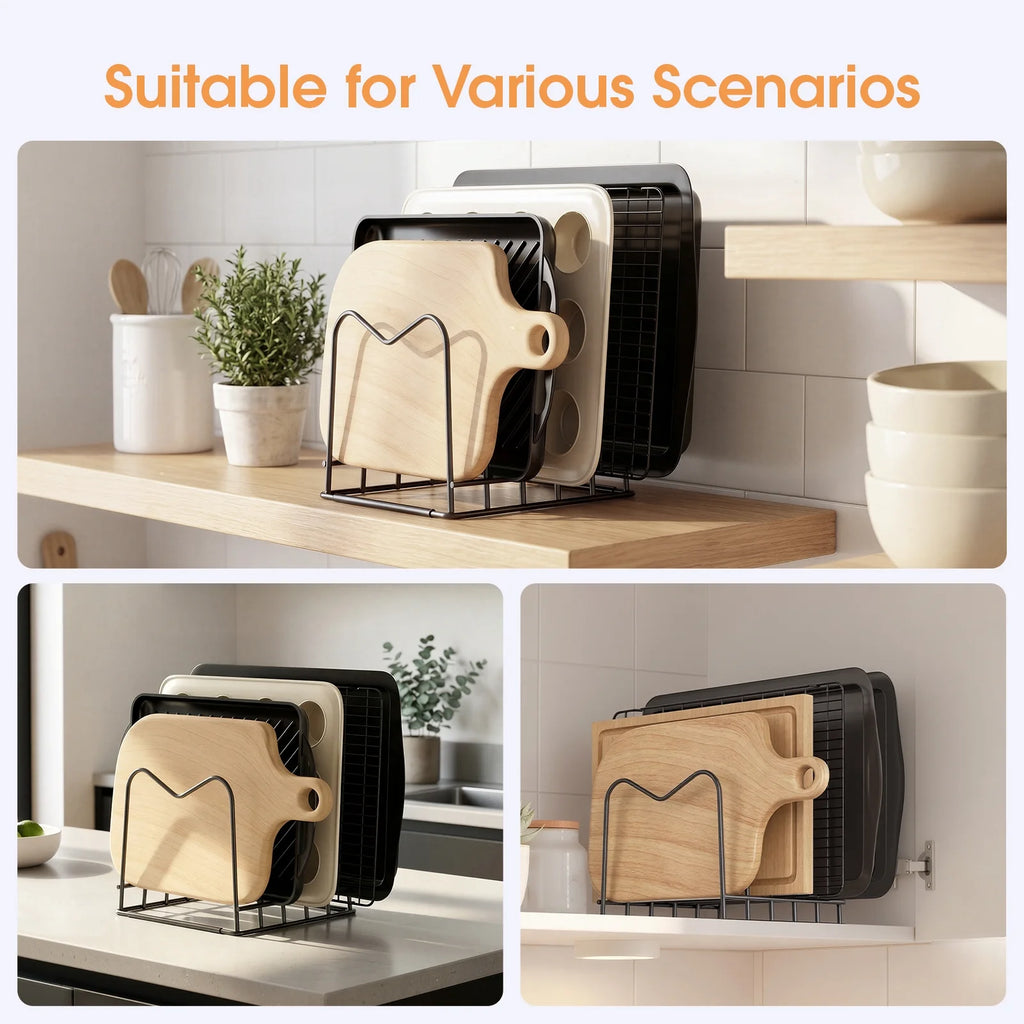 Cutting Board Holder Stand and Baking Sheet Rack for Cabinet, Kitchen Organizer for Boards, Baking Sheets, Lids and Skillets, Pot and Pan Organizer inside Cabinet, 1 Pack