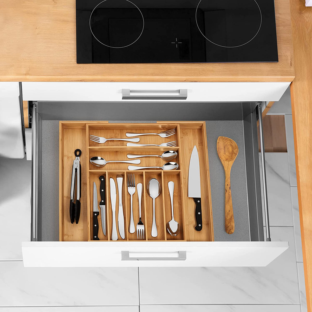 Bamboo Drawer Organizer, 2 Pack - Expandable Silverware Organizer & Utensil Organizer, Cutlery Tray with Dividers, 7-9 Slots- Premium Kitchen Organizer for Utensils & Flatware (Natural)