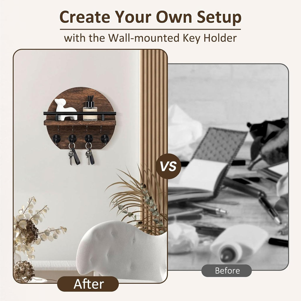 Key Holder for Wall Set, 9.8 Inch Circular Key Holder (Brown) and 11.8 Inch Key Holder for Wall (Brown)