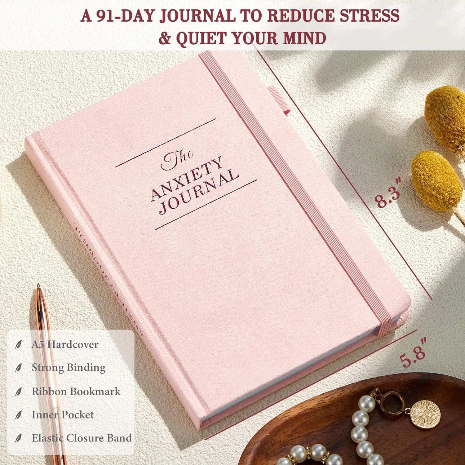 Guided Anxiety Journal – Guided CBT Journal with Prompts for Self Care & Stress Relief, Cognitive Behavioral Therapy Mental Health Journal – Wellness Gifts for Women Men(A5 Pink)