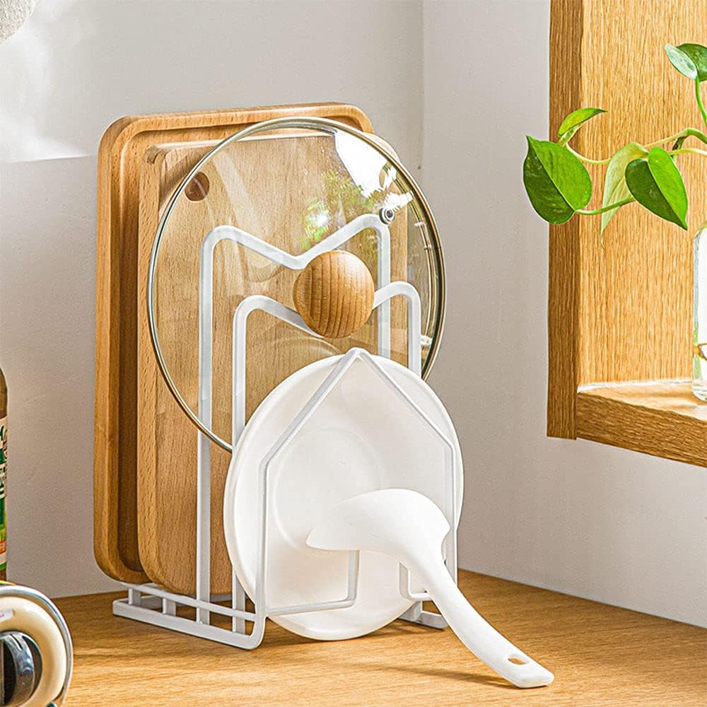 Cutting Board Rack Chopping Board Organizer Stand Holder Kitchen Countertop Pots Pan Lids Rack Organizer Flat Steel 4.92Lx5.71Wx8.46H In. White