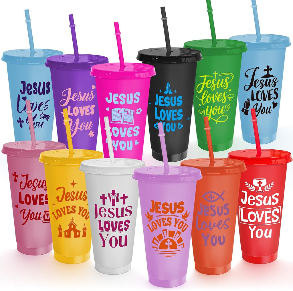 24 Pcs Christian Tumblers Bulk 24 Oz Bible Verse Cups with Lids and Straws Religious Drink Cups for Church Gifts VBS Gifts Sunday School Events Faith-Based Party Favors