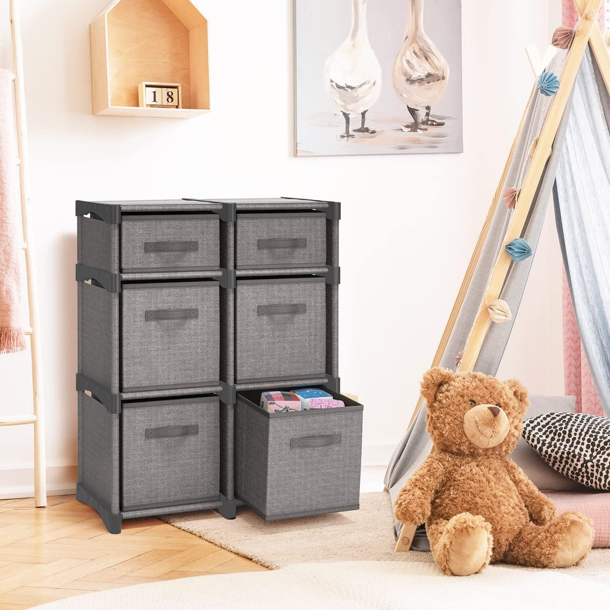 6 Cube Storage Organizer - Gray Cube Organizer Shelf, DIY Storage Cubes Organizer Shelves with Fabric Storage Cubes, Sturdy Cubbies Storage Shelves, Cube Storage Shelf for Bedroom, Playroom and More