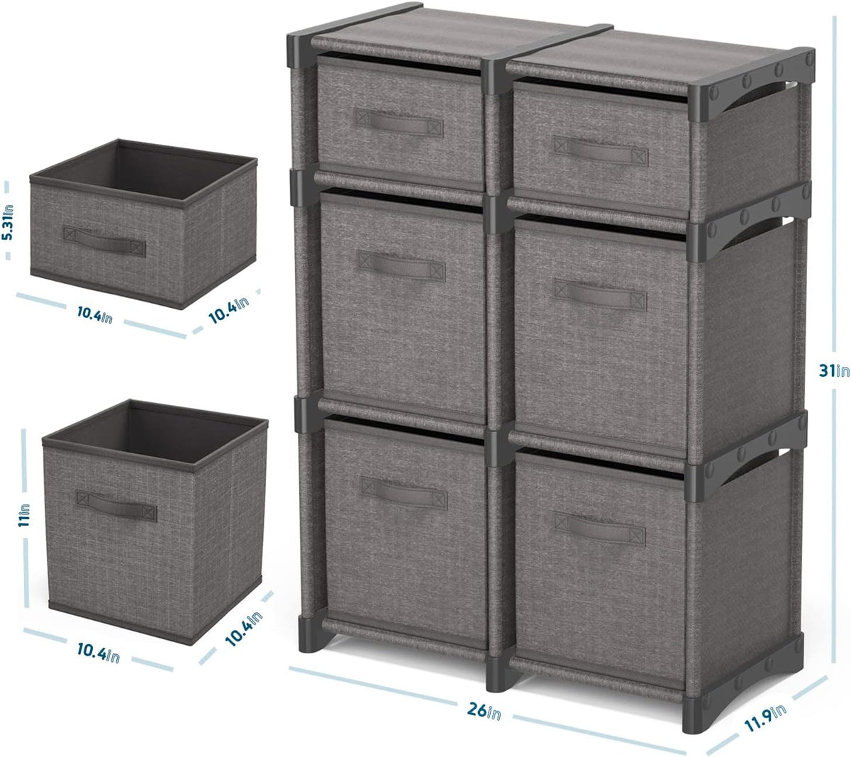 6 Cube Storage Organizer - Gray Cube Organizer Shelf, DIY Storage Cubes Organizer Shelves with Fabric Storage Cubes, Sturdy Cubbies Storage Shelves, Cube Storage Shelf for Bedroom, Playroom and More