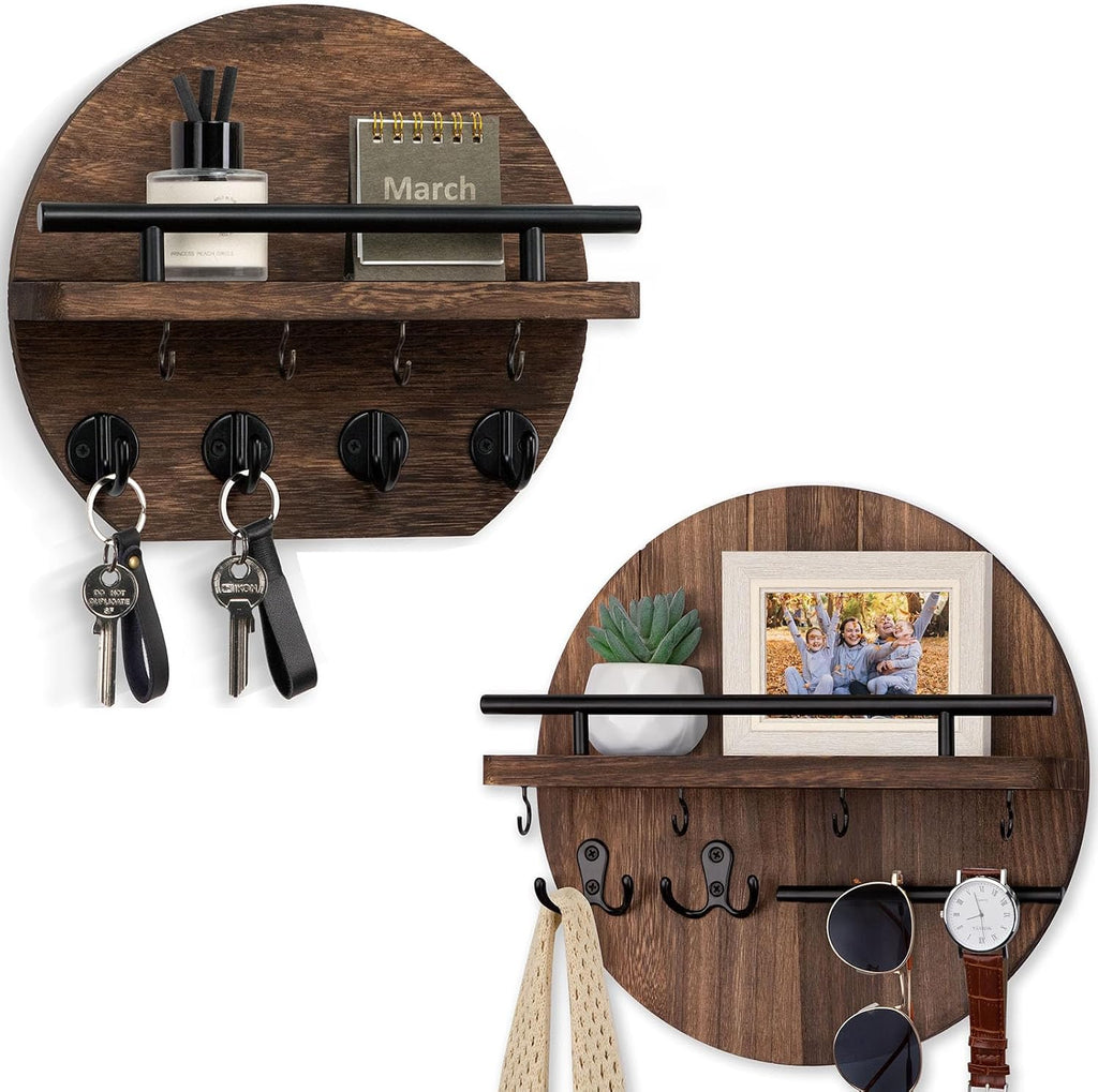 Key Holder for Wall Set, 9.8 Inch Circular Key Holder (Brown) and 11.8 Inch Key Holder for Wall (Brown)