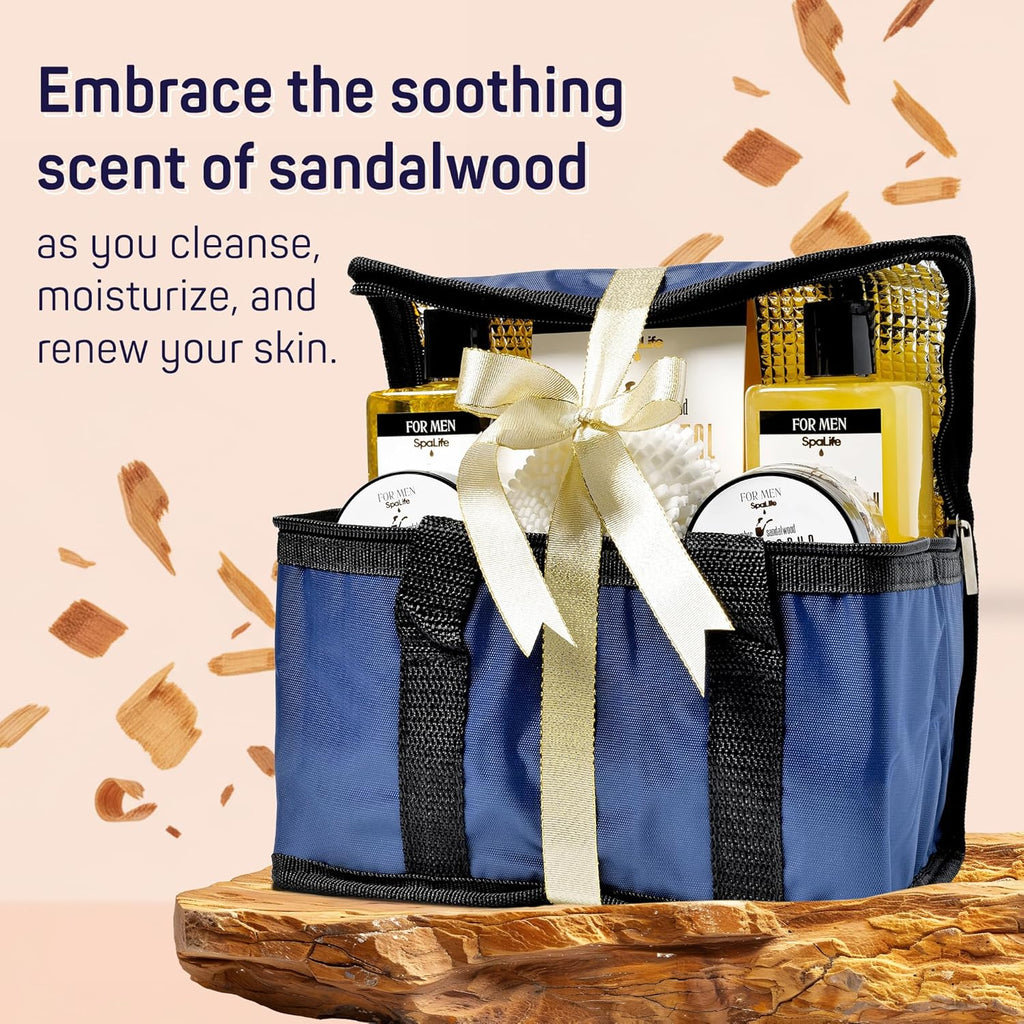 Luxury Spa Skincare Sandalwood Gift Set for Men | Fathers Day Gifts Set for Bath and Body | Mens Body Wash Gifts | Gifts for Men | Cleansing, Moisturizing, Exfoliating | 7-Piece Bundle