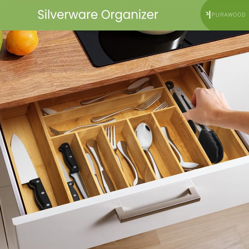 Bamboo Drawer Organizer, 2 Pack - Expandable Silverware Organizer & Utensil Organizer, Cutlery Tray with Dividers, 7-9 Slots- Premium Kitchen Organizer for Utensils & Flatware (Natural)