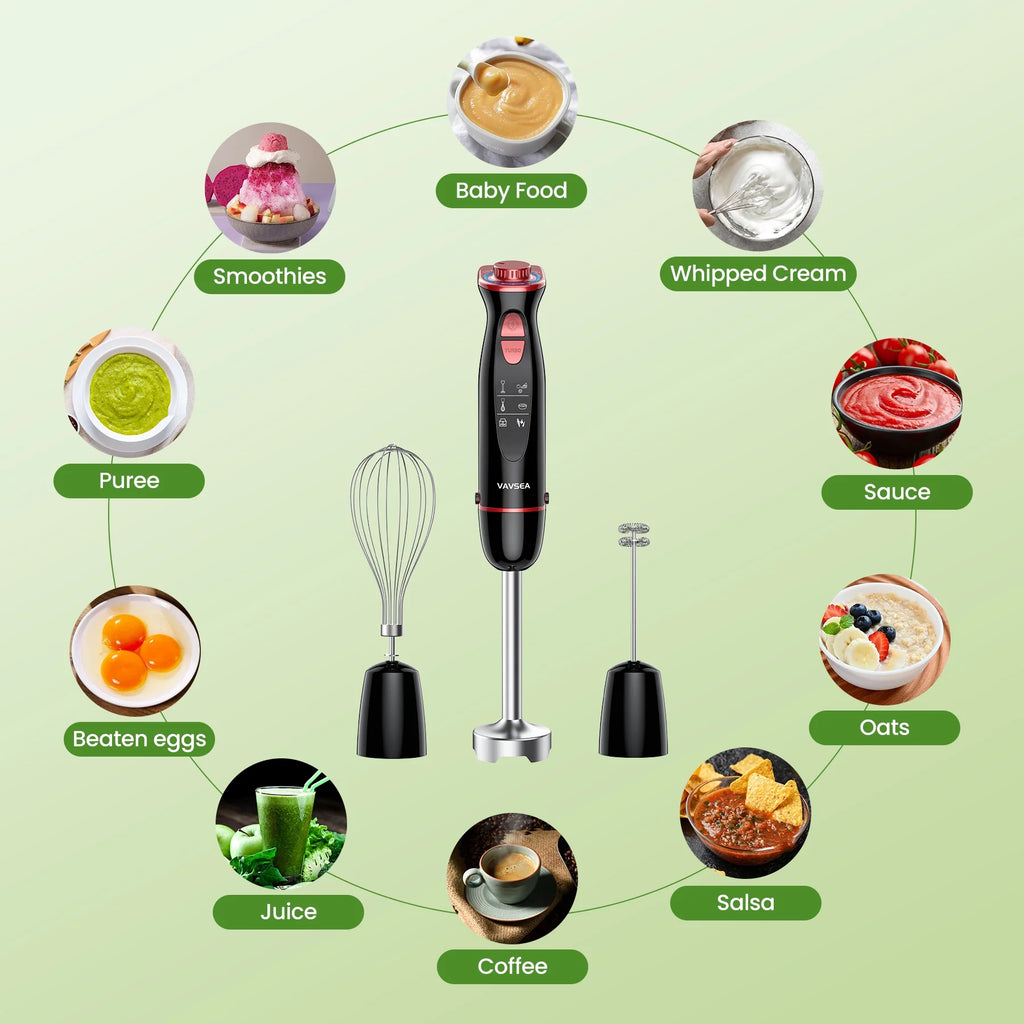 Immersion Blender, 1100W 5-In-1 Hand Blender, 24-Speed Handheld Stick Blender for Kitchen, Chopper, Beaker, Whisk, Milk Frother, for Baby Food Processor/Smoothies, New