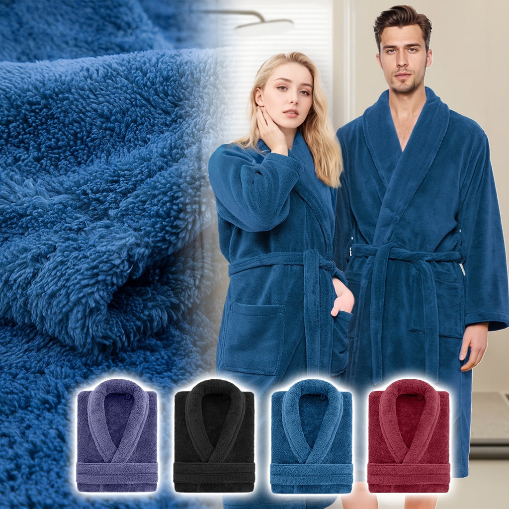 Unisex Extra Warm Coral Fleece Bathrobe Mens and Women Adult Robes for Your Bathroom Bath Towel Bedroom Shawl Collar Robes, Valentines gift for lovers - Elle Ere Peace