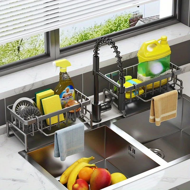 Self-Draining Sink Shelf Stainless Steel Kitchen Sink Drain Rack Soap Sponge Holder Kitchen Sink Organizer Kitchen Organizer