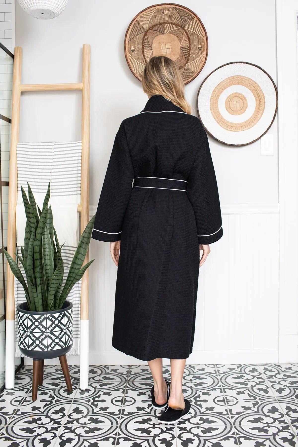 Women’s Waffle Piping Bathrobe – Lightweight Spa-Style Comfort - Elle Ere Peace