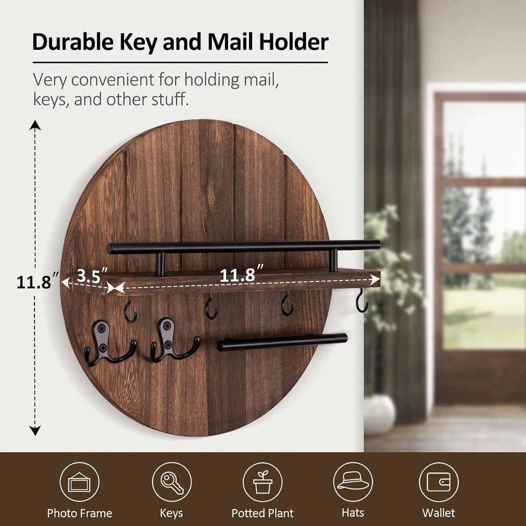 Key Holder for Wall Set, 9.8 Inch Circular Key Holder (Brown) and 11.8 Inch Key Holder for Wall (Brown)