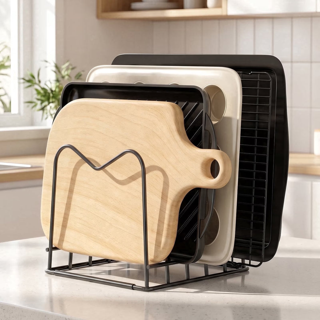 Cutting Board Holder Stand and Baking Sheet Rack for Cabinet, Kitchen Organizer for Boards, Baking Sheets, Lids and Skillets, Pot and Pan Organizer inside Cabinet, 1 Pack