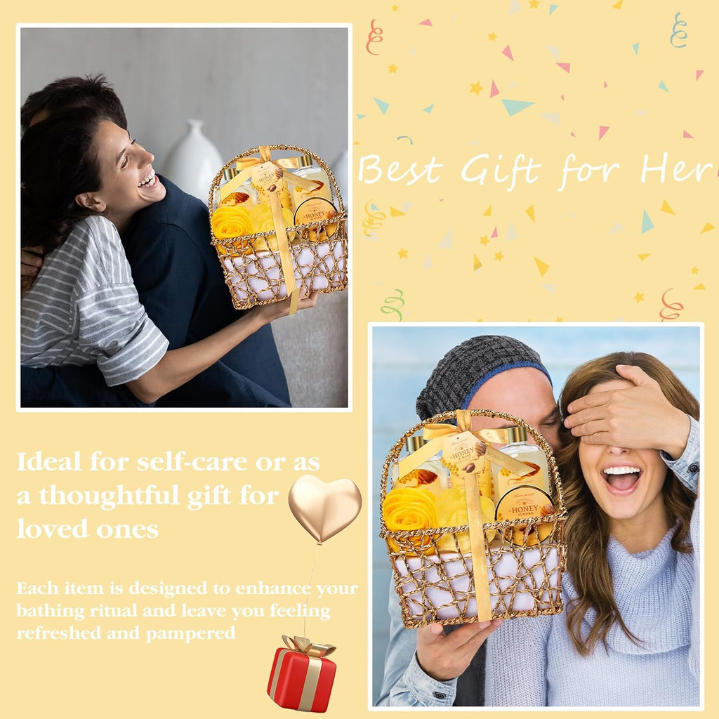 Mothers Day Birthday Spa Gifts for Women, 8Pcs Honey Almond Bath Gift Set for Women, Relaxation Self Care Spa Kit W/Bath Bomb, Bubble Bath, Mom Sister Female Christmas Thank You Gifts