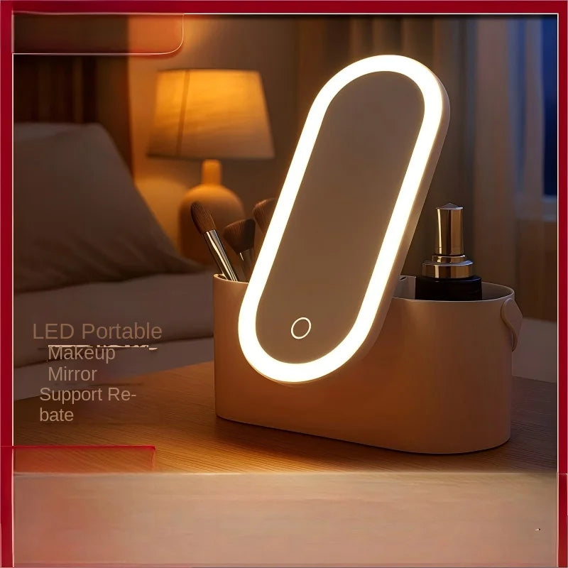 Rechargeable LED Makeup Mirror with Storage Box Portable Folding Rotating Desktop Vanity Mirror for Women Beauty