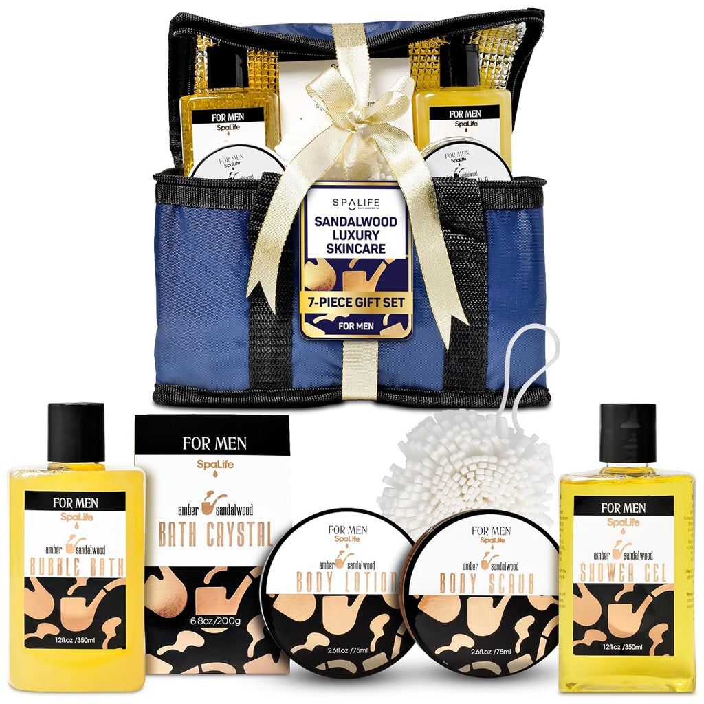 Luxury Spa Skincare Sandalwood Gift Set for Men | Fathers Day Gifts Set for Bath and Body | Mens Body Wash Gifts | Gifts for Men | Cleansing, Moisturizing, Exfoliating | 7-Piece Bundle