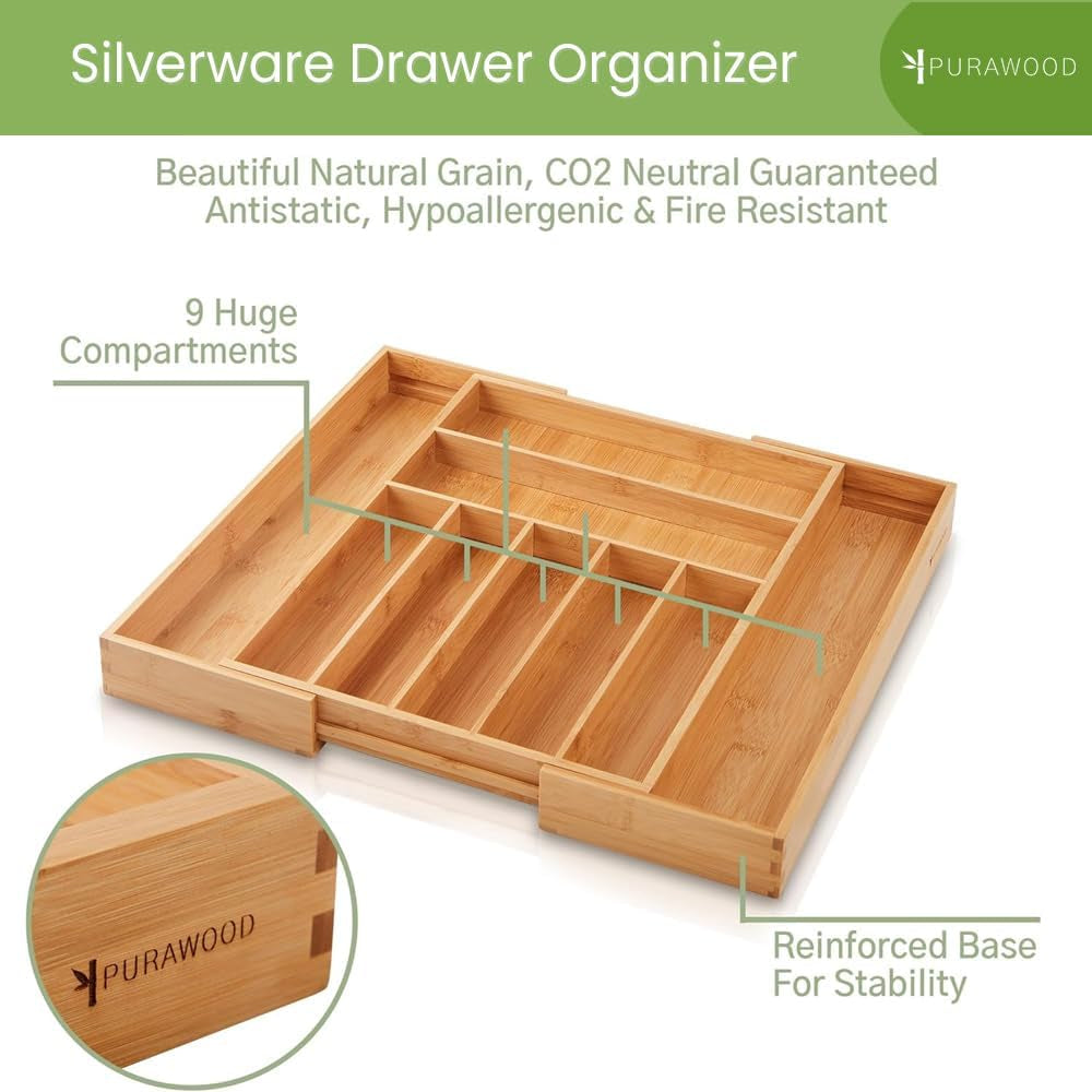 Bamboo Drawer Organizer, 2 Pack - Expandable Silverware Organizer & Utensil Organizer, Cutlery Tray with Dividers, 7-9 Slots- Premium Kitchen Organizer for Utensils & Flatware (Natural)