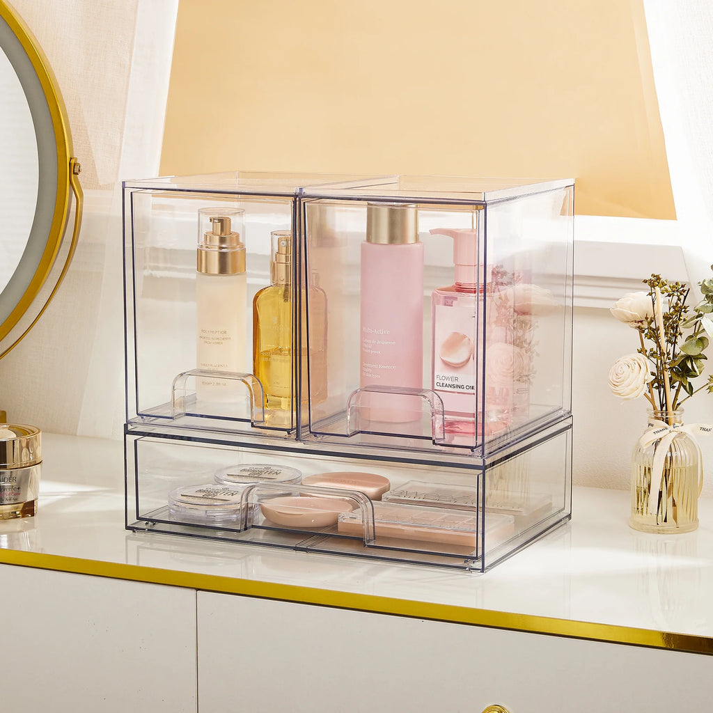 Stackable Storage Drawers Set of 3,Clear Plastic Organizer Bins for Makeup, Cosmetics, Beauty Supplies