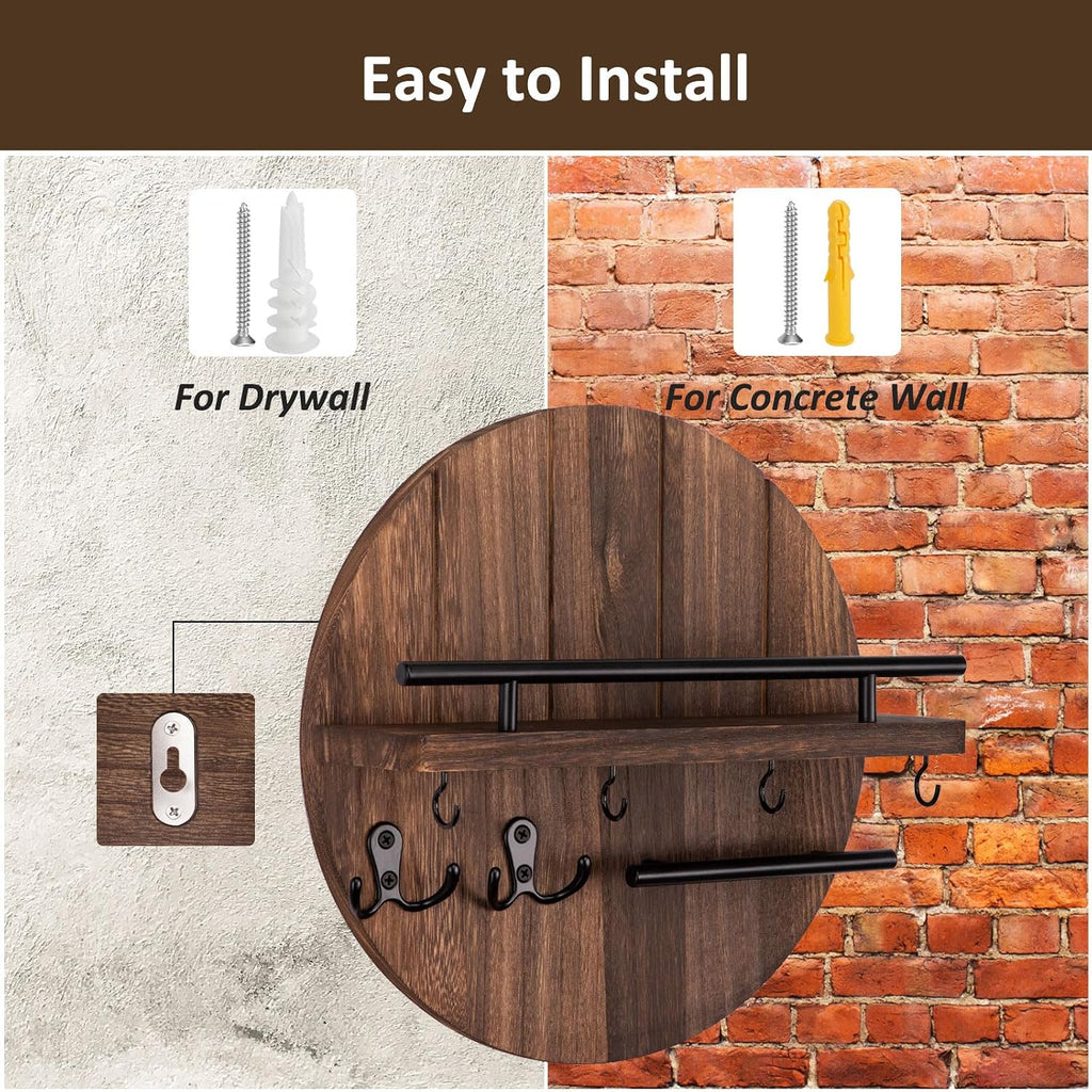 Key Holder for Wall Set, 9.8 Inch Circular Key Holder (Brown) and 11.8 Inch Key Holder for Wall (Brown)
