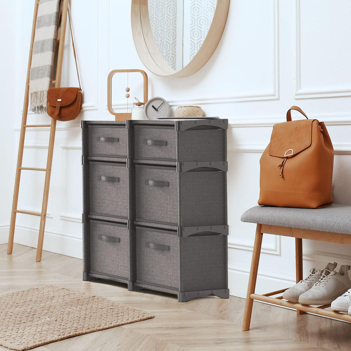 6 Cube Storage Organizer - Gray Cube Organizer Shelf, DIY Storage Cubes Organizer Shelves with Fabric Storage Cubes, Sturdy Cubbies Storage Shelves, Cube Storage Shelf for Bedroom, Playroom and More