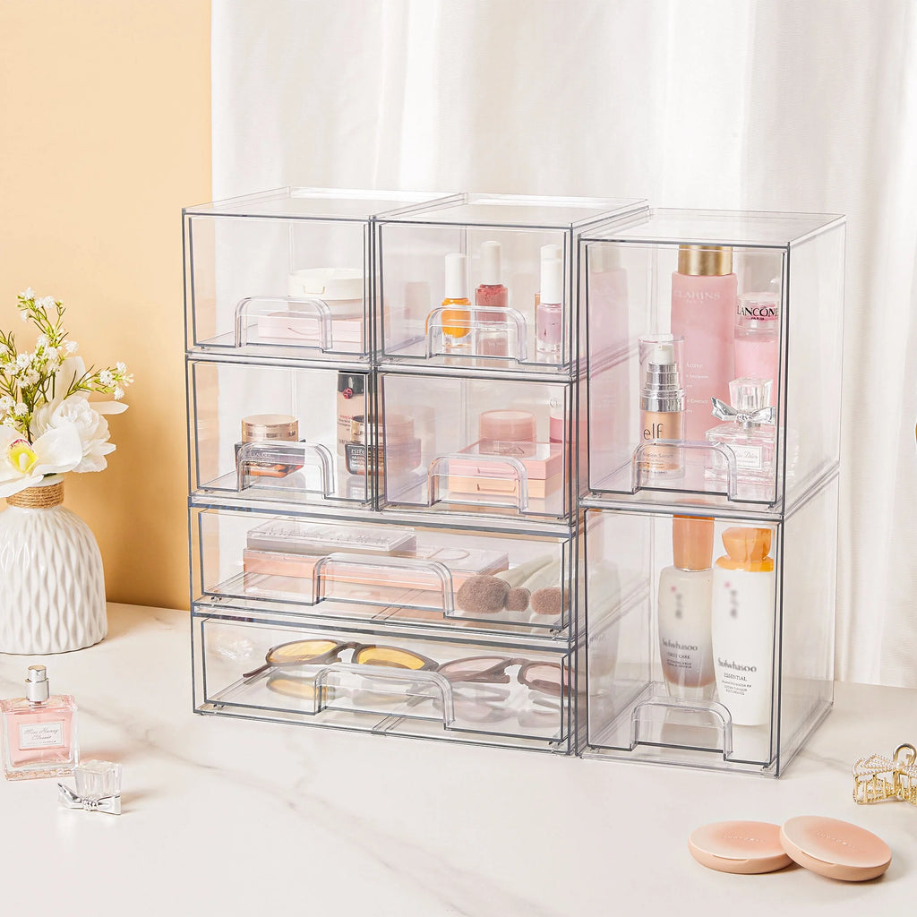 Stackable Storage Drawers Set of 3,Clear Plastic Organizer Bins for Makeup, Cosmetics, Beauty Supplies