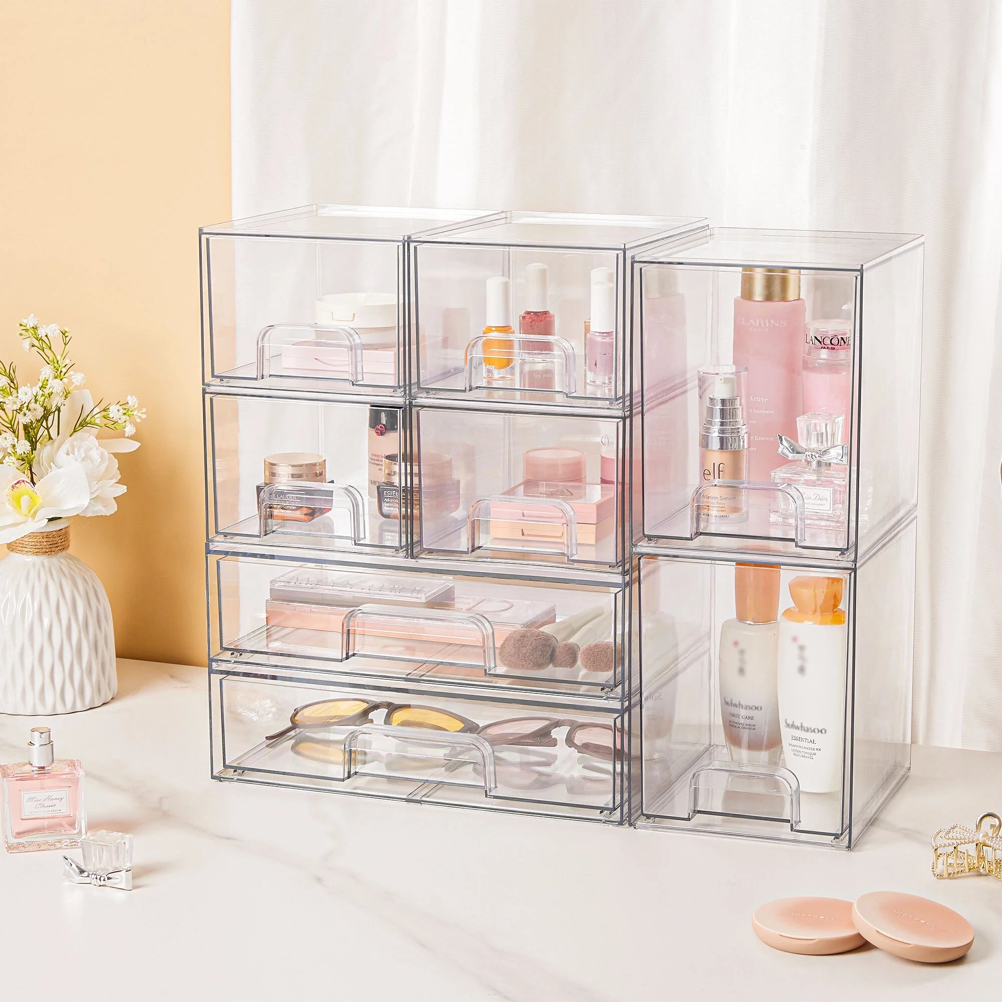 Stackable Storage Drawers Set of 3,Clear Plastic Organizer Bins for Makeup, Cosmetics, Beauty Supplies