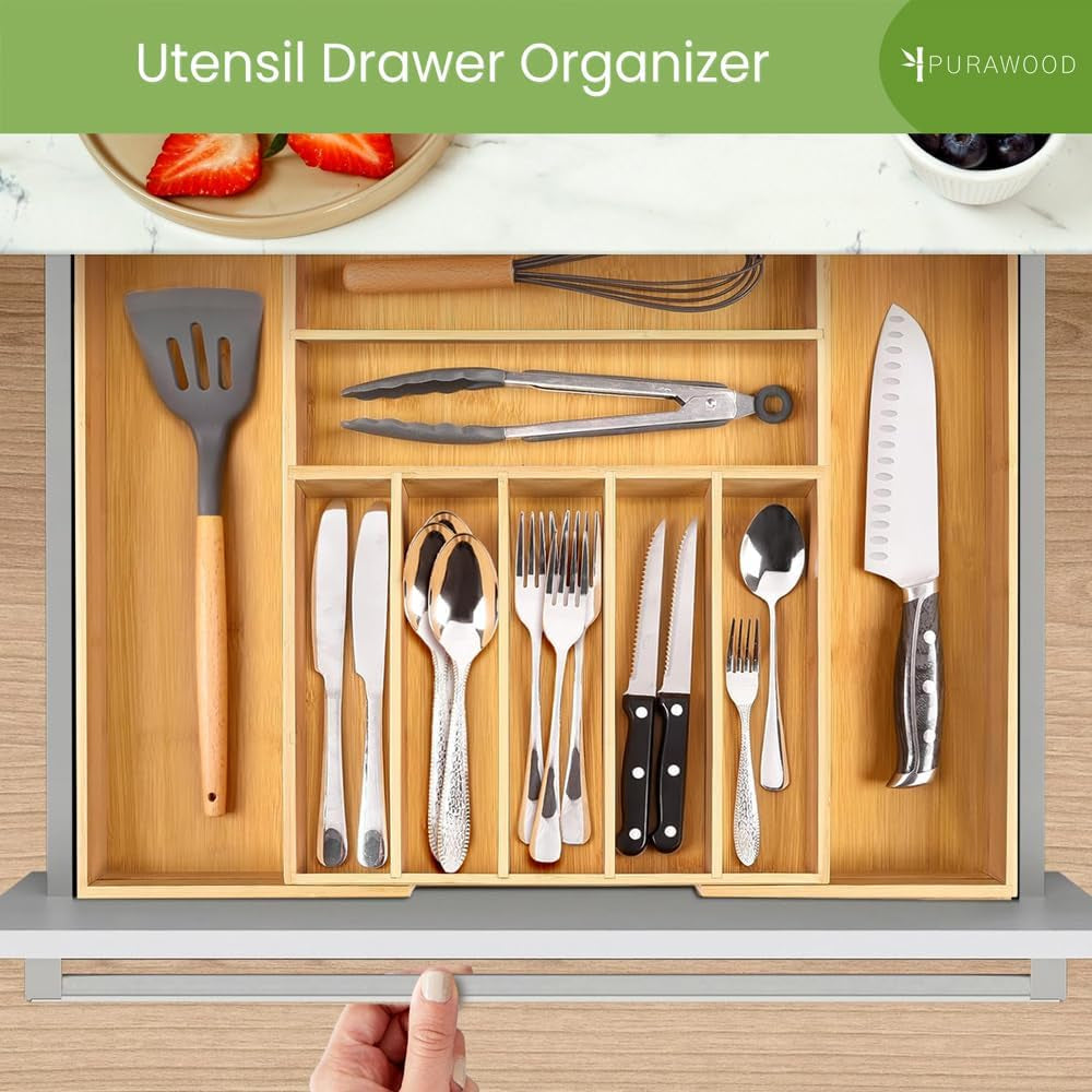 Bamboo Drawer Organizer, 2 Pack - Expandable Silverware Organizer & Utensil Organizer, Cutlery Tray with Dividers, 7-9 Slots- Premium Kitchen Organizer for Utensils & Flatware (Natural)