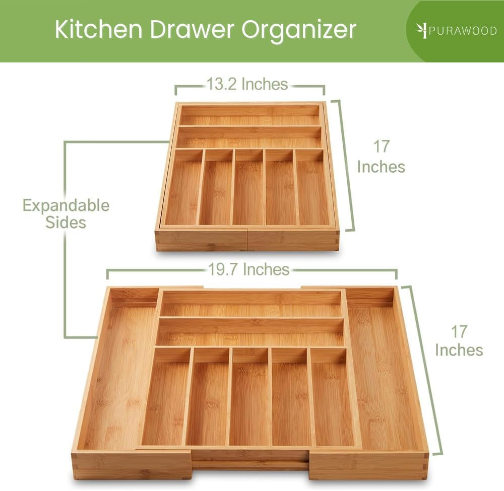 Bamboo Drawer Organizer, 2 Pack - Expandable Silverware Organizer & Utensil Organizer, Cutlery Tray with Dividers, 7-9 Slots- Premium Kitchen Organizer for Utensils & Flatware (Natural)