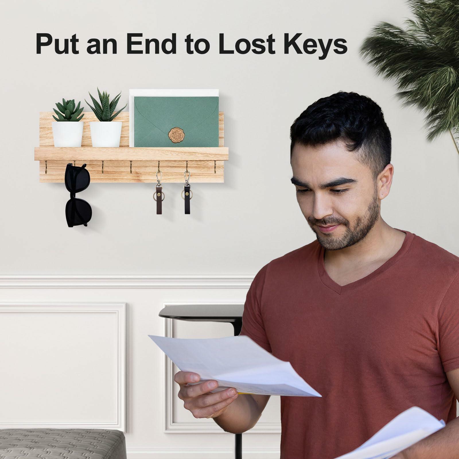 Lwenki Wall Mount Key Holder with 7 Hooks & Shelf 13.8x5.3x3.2 Inches