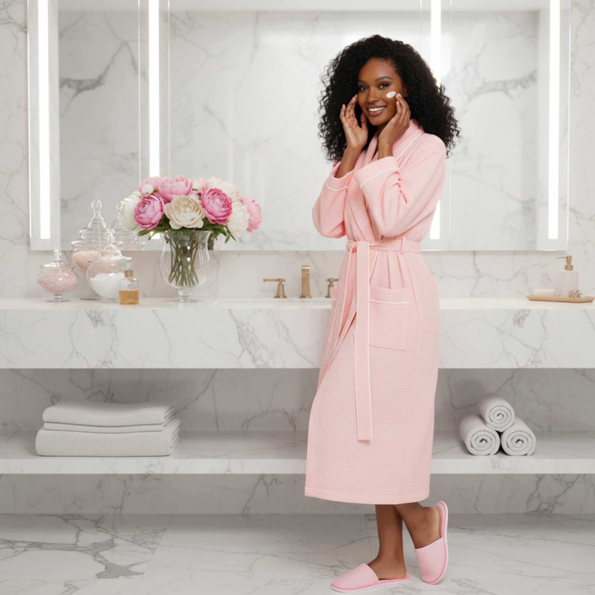 Women’s Waffle Piping Bathrobe – Lightweight Spa-Style Comfort - Elle Ere Peace