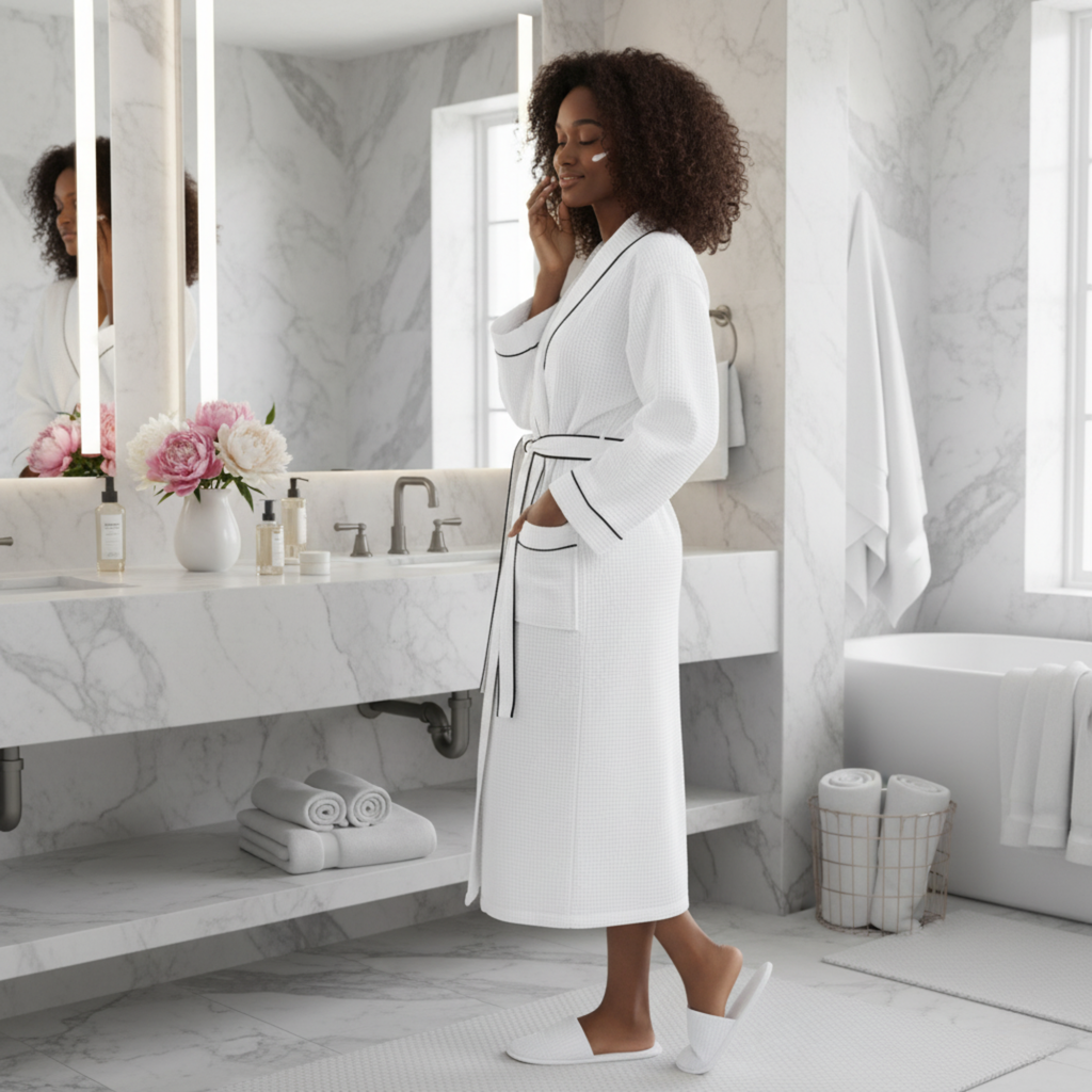 Women’s Waffle Piping Bathrobe – Lightweight Spa-Style Comfort - Elle Ere Peace