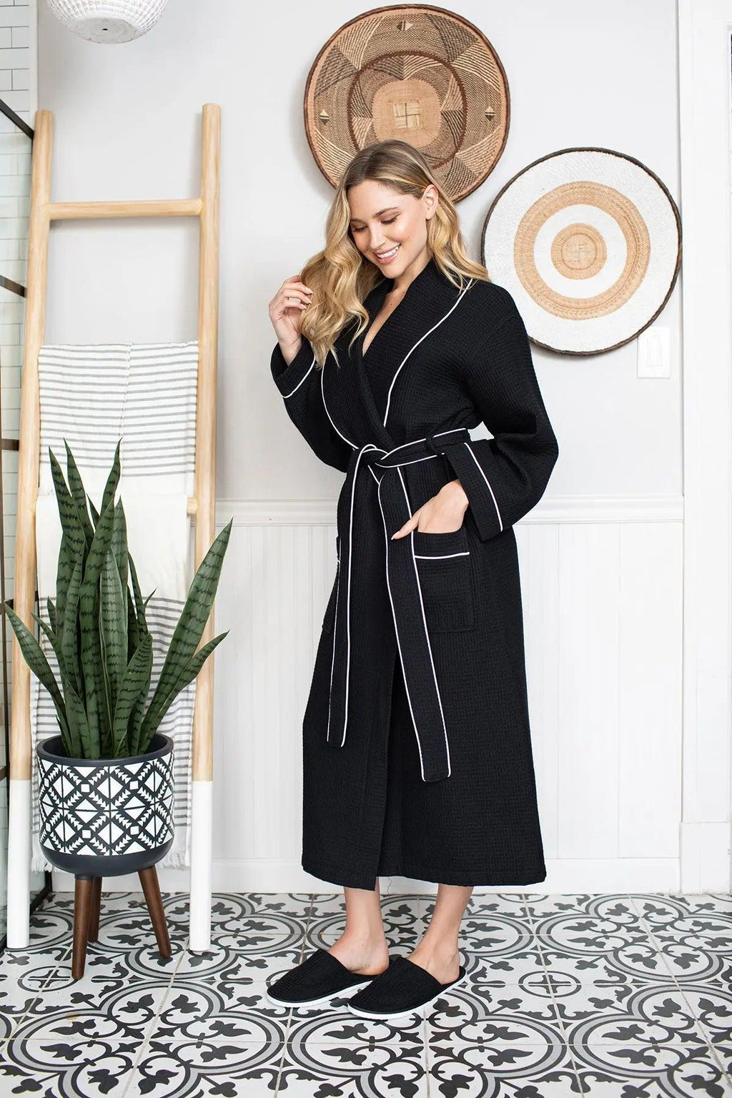 Women’s Waffle Piping Bathrobe – Lightweight Spa-Style Comfort - Elle Ere Peace